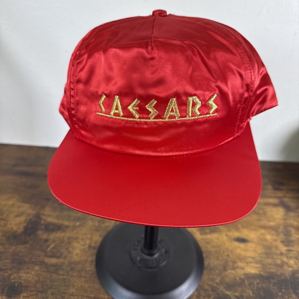 Vintage Caesars Palace Las Vegas Red Satin Strapback Hat Embroidered Logo New!